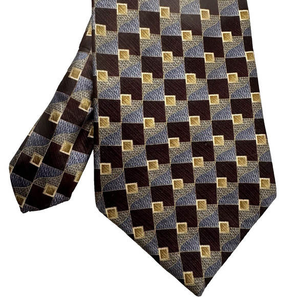 Van Heusen Neck Tie 100% Silk Maroon/Blue/Grey/Gold Geometric Check - Picture 1 of 8